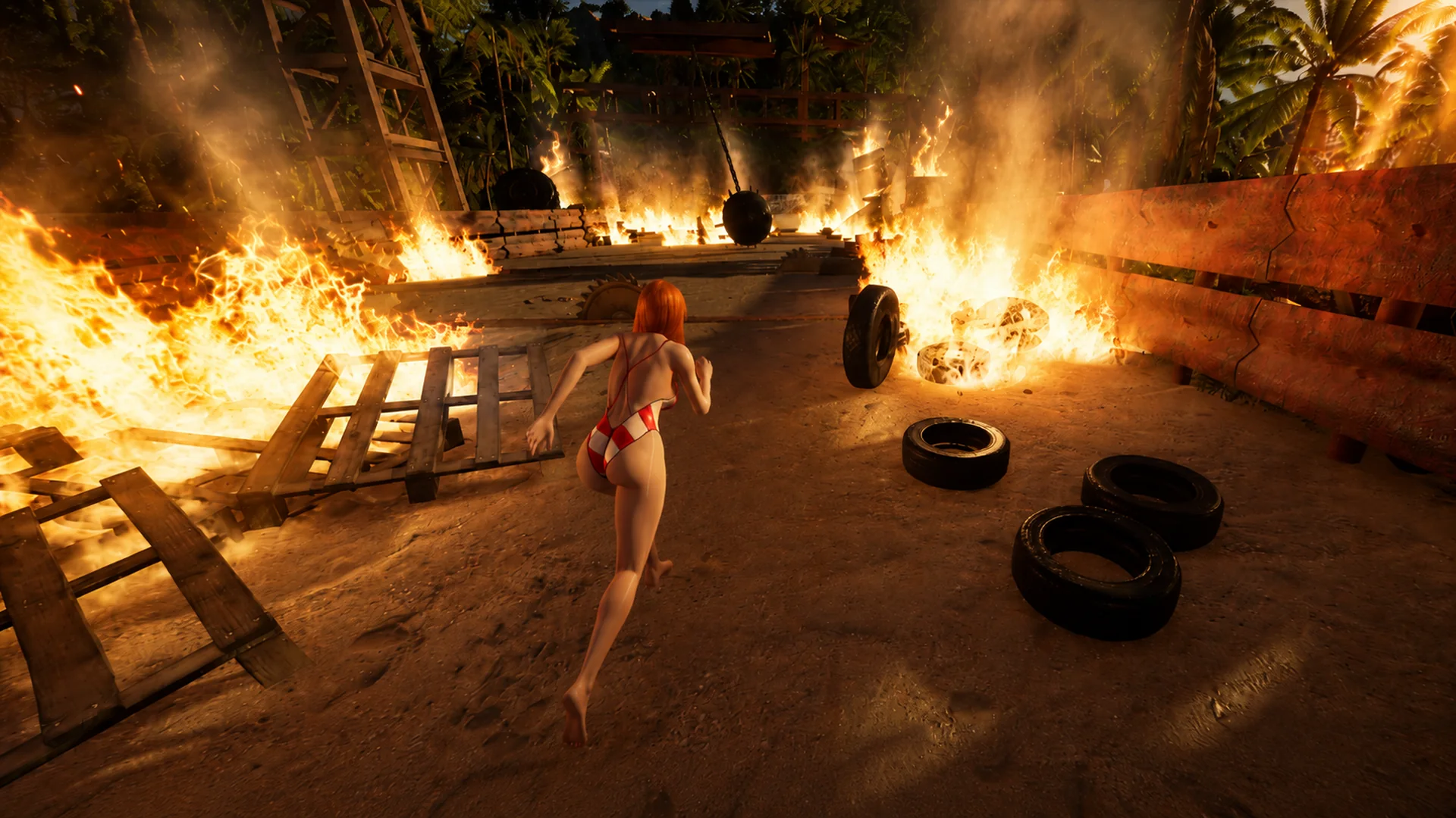 A runner crossing a burning tropical arena